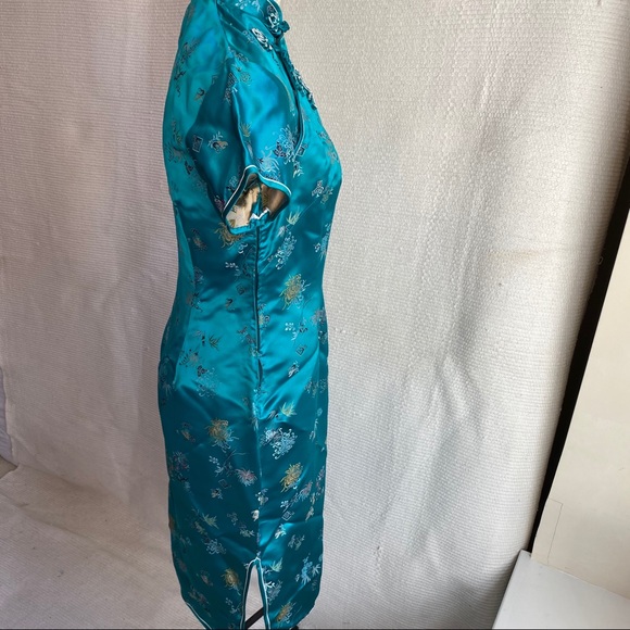 Vintage 6 Asian Print Satin Midi Dress Blue Green - Picture 4 of 8